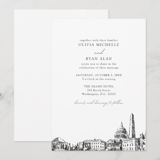 Moderne Washington DC Skyline Zwart & Wit Bruiloft Kaart (Voorkant / Achterkant)