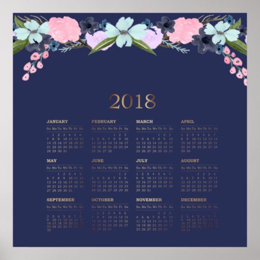 Moderne Watercolor Bloemen 2018 Agenda Poster (Voorkant)