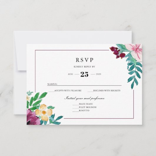 Moderne Watercolor Bloemen Bruiloft RSVP Kaartje (Voorkant)