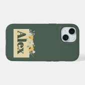 Moderne watercolor bloemen & groene achtergrond iPhone 15 case (Achterkant horizontaal)