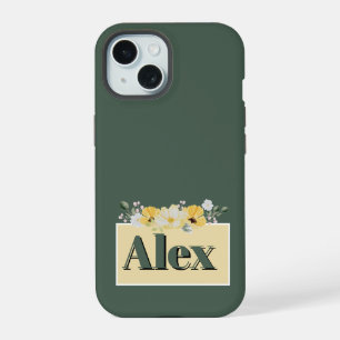 Moderne watercolor bloemen & groene achtergrond iPhone 15 case