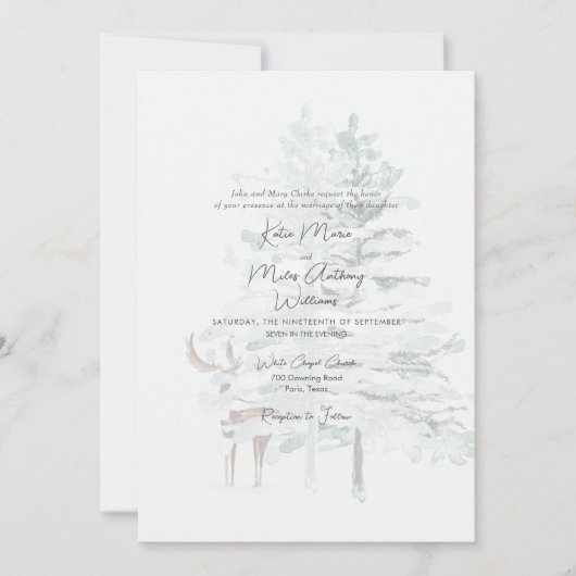 Moderne Watercolor Bosbomen & Herten Bruiloft Kaart (Voorkant)