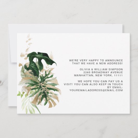 Moderne Watercolor Jungle Tropisch Groen Verhuizin Aankondiging (Achterkant)