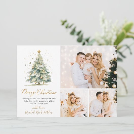 Moderne Watercolor Kerstboom 3 Meerdere foto's Feestdagenkaart (Staand voorkant)