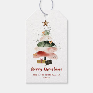 Moderne Watercolor Kerstboom Familie Vakantie Cadeaulabel