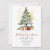 Moderne Watercolor Kerstboom Open Huis Kaart (Voorkant)
