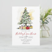 Moderne Watercolor Kerstboom Open Huis Kaart (Staand voorkant)