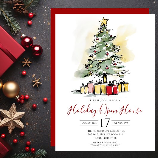 Moderne Watercolor Kerstboom Open Huis Kaart