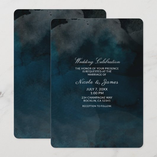 Moderne Watercolor Moody Blue Chic Bruiloft Kaart (Voorkant / Achterkant)