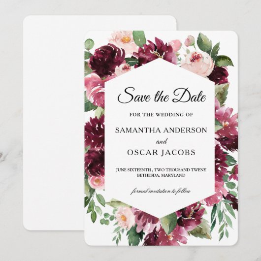 Moderne watercolor rode bloemenframe  save the date (Voorkant / Achterkant)