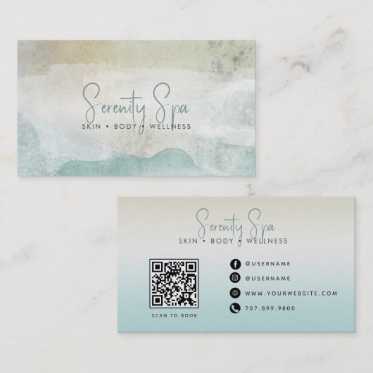 Moderne Watercolor Spa QR Code Visitekaartje (Voorkant / Achterkant)