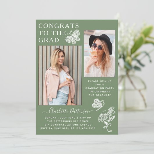 Moderne waterkers vlinder foto afstudeerfeest kaart (Staand voorkant)