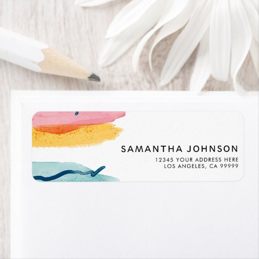 Moderne Waterverf Abstract Roze Geel Blauw Etiket (Insitu)