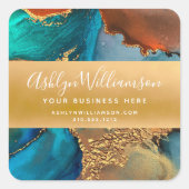 Moderne waterverf agaat turquoise goud sinaasappel vierkante sticker (Voorkant)