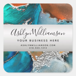 Moderne waterverf agaat turquoise zilveren sinaasa vierkante sticker