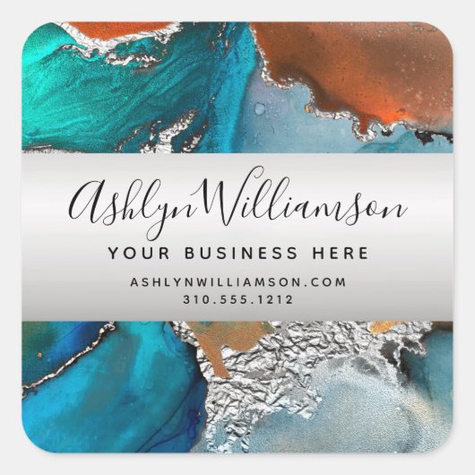 Moderne waterverf agaat turquoise zilveren sinaasa vierkante sticker (Voorkant)