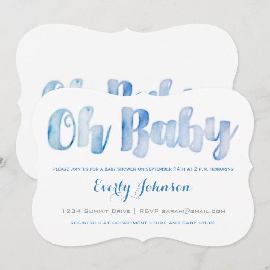 Moderne Waterverf Baby Boy Shower-uitnodigingen Kaart (Voorkant / Achterkant)