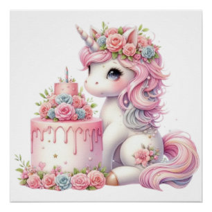 Moderne waterverf baby eenhoorn met cake perfect poster
