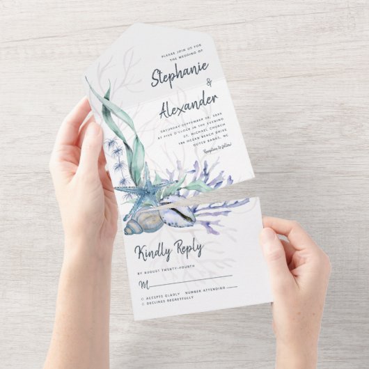 Moderne Waterverf Beach Blue Wedding All In One Uitnodiging (Afscheurbaar)