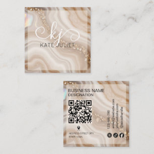 Moderne waterverf beige en gouden monogram QR-code Vierkante Visitekaartje