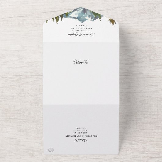 Moderne Waterverf Berg Bruiloft All In One Uitnodiging (Buitenkant)