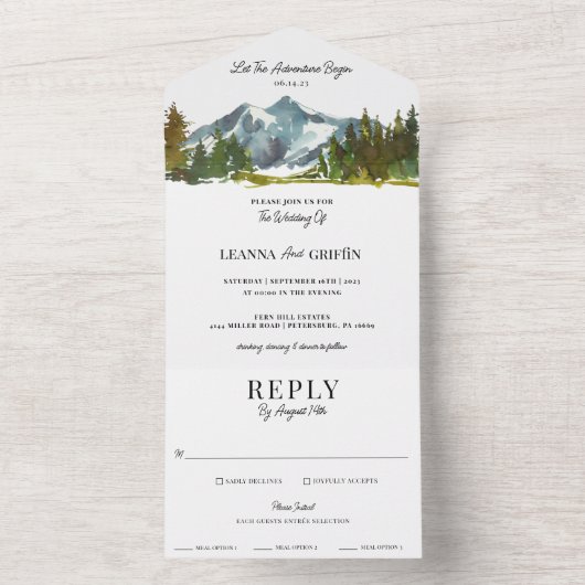 Moderne Waterverf Berg Bruiloft All In One Uitnodiging (Binnen)