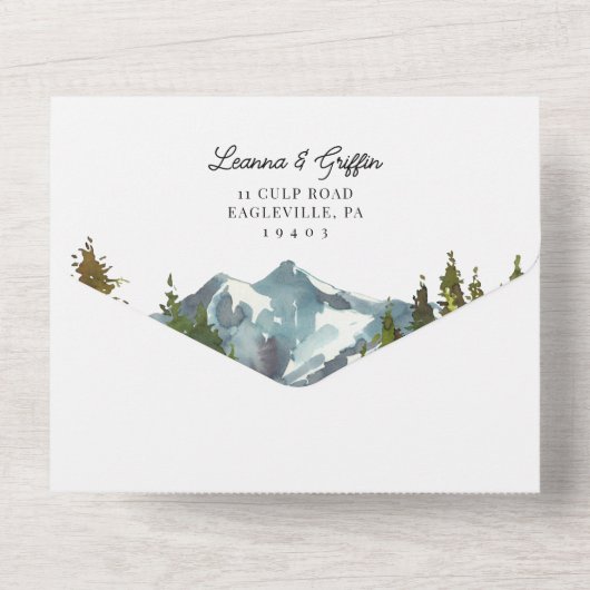 Moderne Waterverf Berg Bruiloft All In One Uitnodiging (Achterkant)