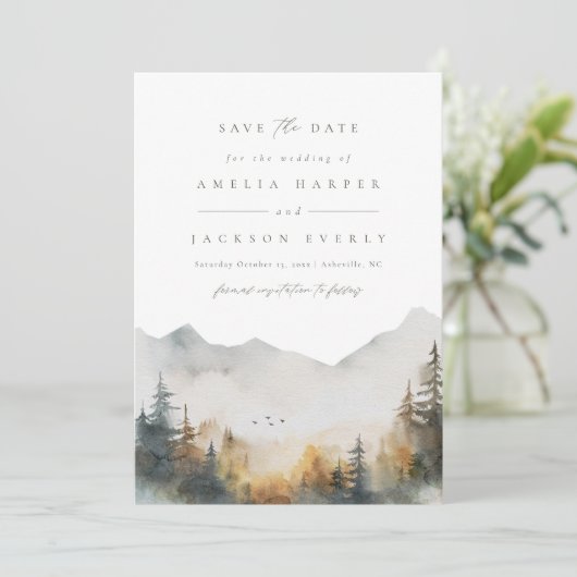 Moderne Waterverf Berg Bruiloft Save The Date Kaart (Staand voorkant)