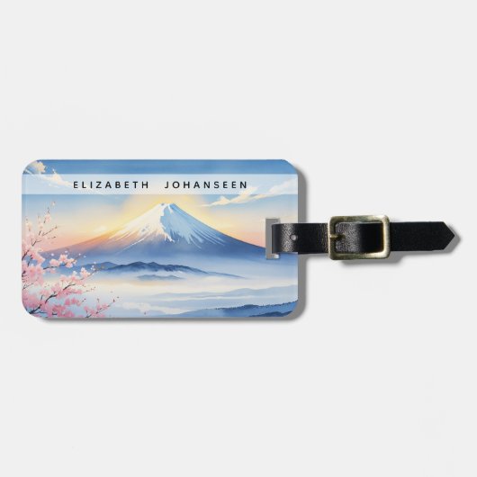 Moderne Waterverf berg Fuji en kersenbloesem Bagagelabel (Voorkant horizontaal)