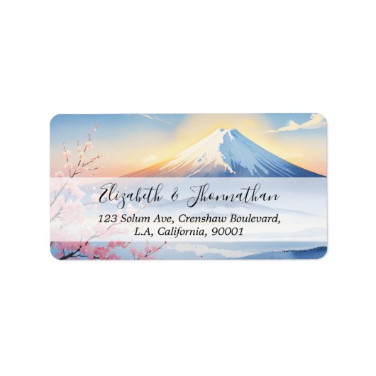 Moderne Waterverf berg Fuji en kersenbloesem Etiket (Voorkant)