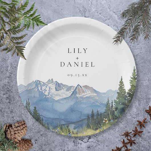 Moderne Waterverf Berg Wilde Bloem Bruiloft Papieren Bordje