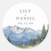 Moderne Waterverf Berg Wilde Bloem Bruiloft Ronde Sticker (Voorkant)