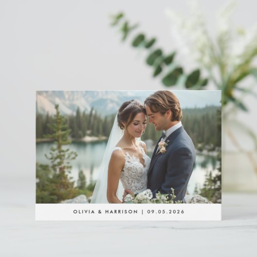 Moderne Waterverf berglandschap bruiloft foto Bedankkaart (Staand voorkant)