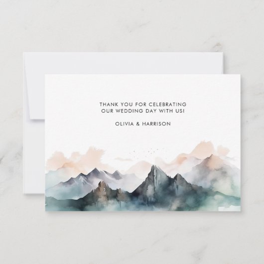 Moderne Waterverf berglandschap bruiloft foto Bedankkaart (Achterkant)