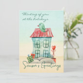 Moderne Waterverf Bird House Script Holiday Card Feestdagenkaart (Staand voorkant)