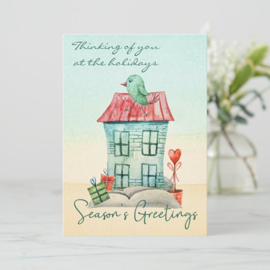 Moderne Waterverf Bird House Script Holiday Card Feestdagenkaart (Staand voorkant)