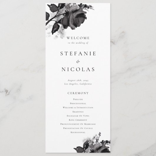 Moderne Waterverf Black Roos Wedding Ceremony Programmakaart (Voorkant)