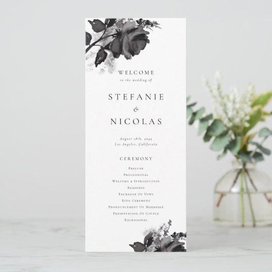 Moderne Waterverf Black Roos Wedding Ceremony Programmakaart (Staand voorkant)
