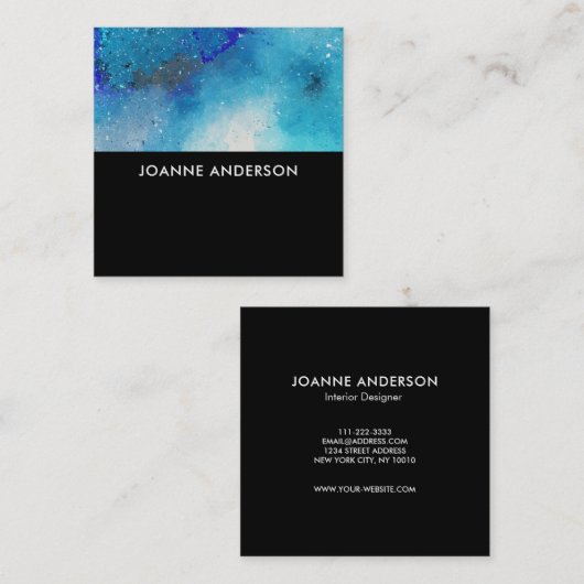 Moderne waterverf blauw blauwgroen blauw op zwart vierkante visitekaartje (Voorkant / Achterkant)