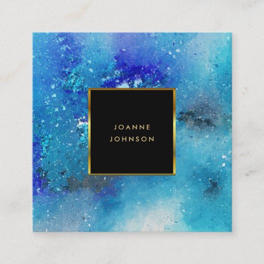Moderne waterverf blauw blauwgroen goudgoud lijst vierkante visitekaartje (Voorkant)