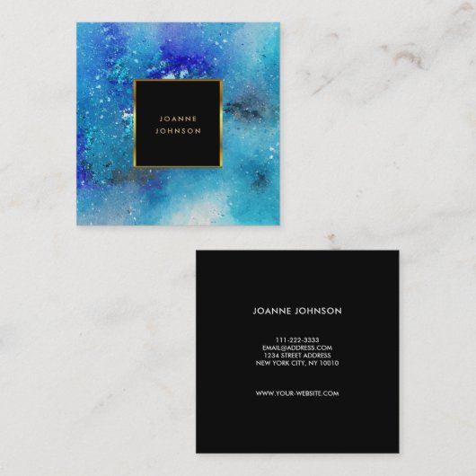 Moderne waterverf blauw blauwgroen goudgoud lijst vierkante visitekaartje (Voorkant / Achterkant)