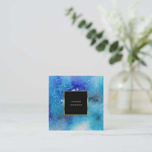 Moderne waterverf blauw blauwgroen goudgoud lijst vierkante visitekaartje (Staand voorkant)