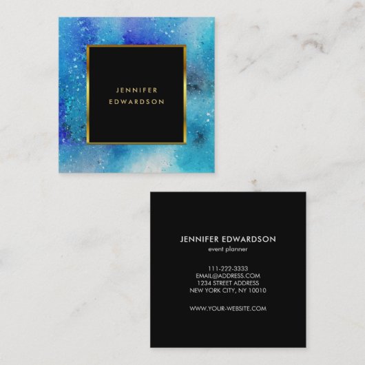 Moderne waterverf blauw blauwgroen goudgoud lijst vierkante visitekaartje (Voorkant / Achterkant)