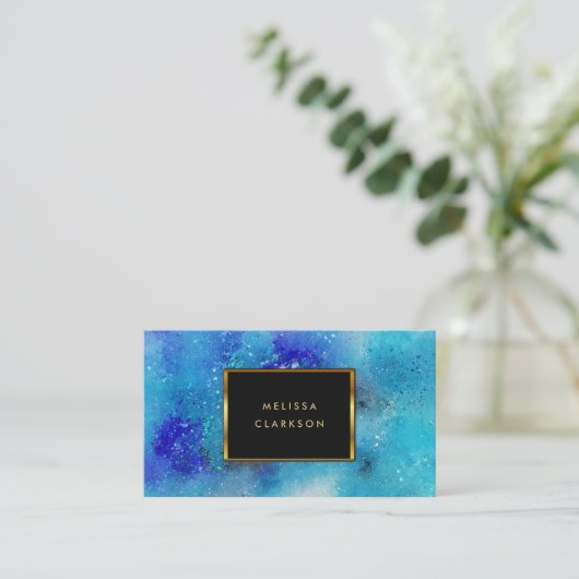 Moderne waterverf blauw blauwgroen goudgoud lijst visitekaartje (Staand voorkant)