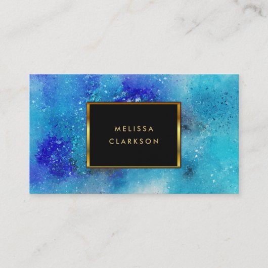 Moderne waterverf blauw blauwgroen goudgoud lijst visitekaartje (Voorkant)