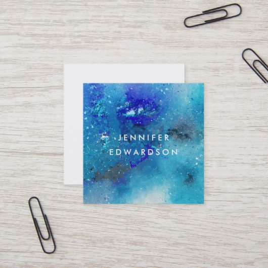 Moderne waterverf blauw blauwgroen splatter profes vierkante visitekaartje (Voorkant / Achterkant in situ)