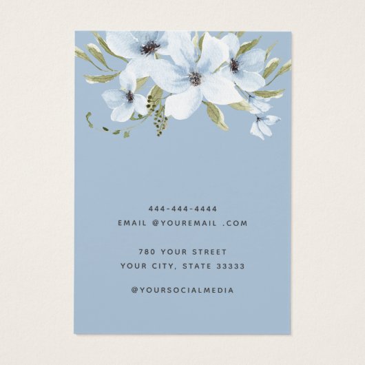 Moderne waterverf blauw bloemenoorbel display kaar visitekaartje (Achterkant)