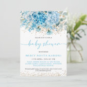 Moderne Waterverf Blauw Goud Bloemen Baby shower Kaart (Staand voorkant)