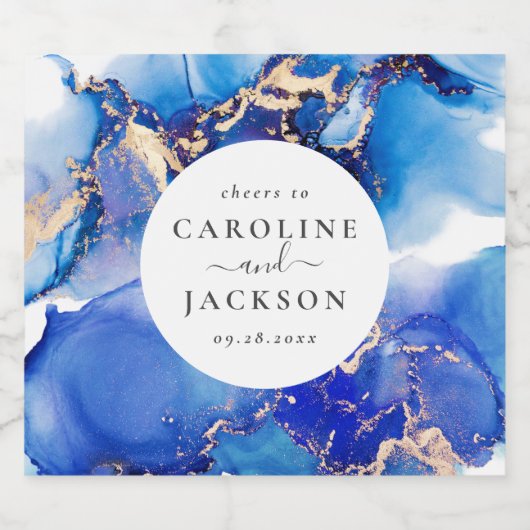 Moderne Waterverf Blauw Gouden Bruiloft Bier Etiket (Enkel label)