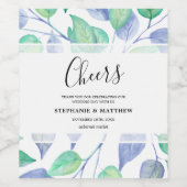 Moderne Waterverf Blauw Groen Bladeren Bruiloft Wijn Etiket (Enkel label)